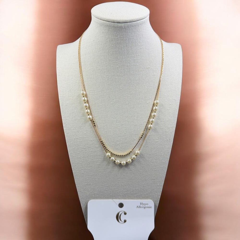 Charming Charlie Layered Gold Faux Pearl Necklace Dainty Hypoallergenic Jewelry‎